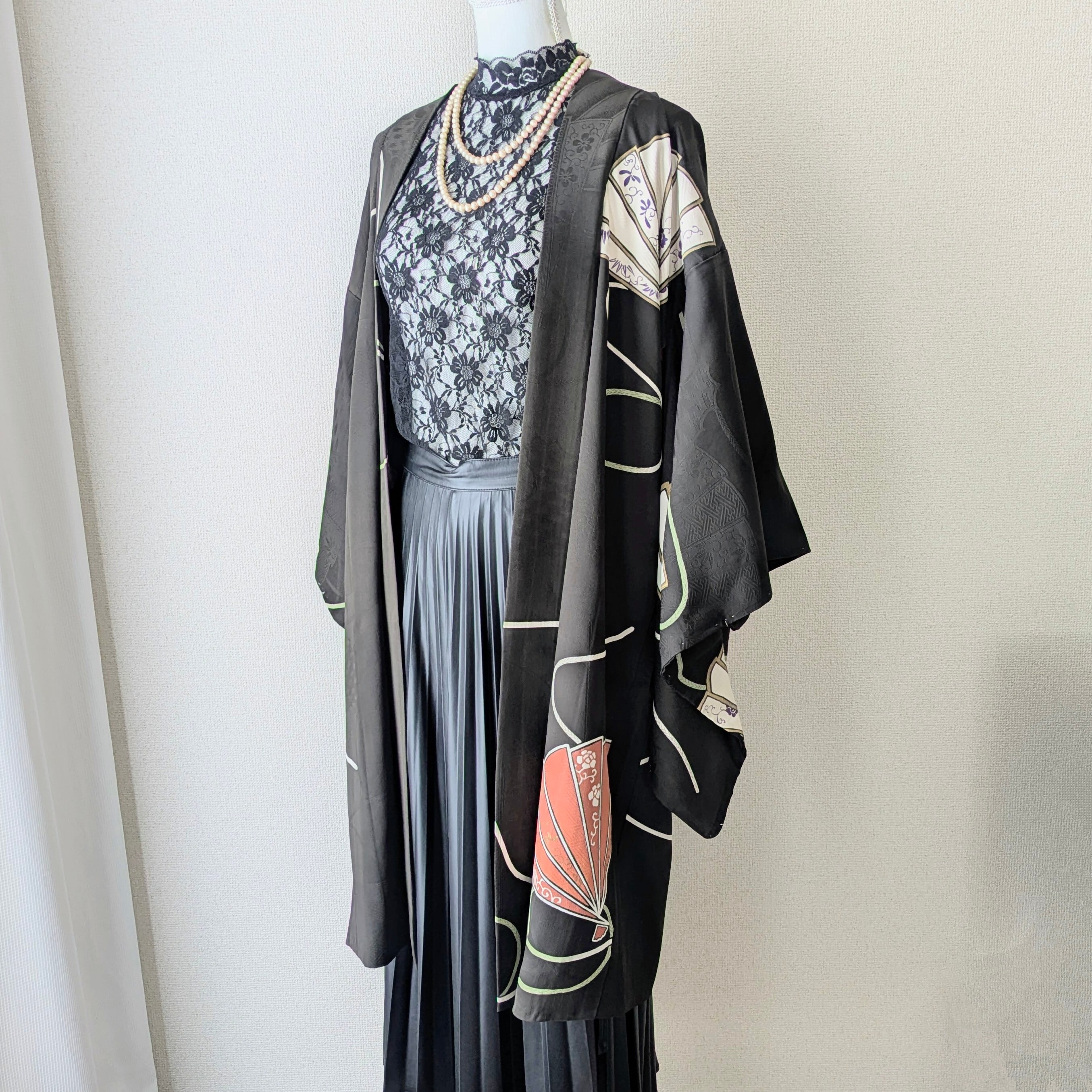 Antique】HAORI 長羽織 羽織 正絹 黒 絵羽織 舞扇柄 大正浪漫 古布
