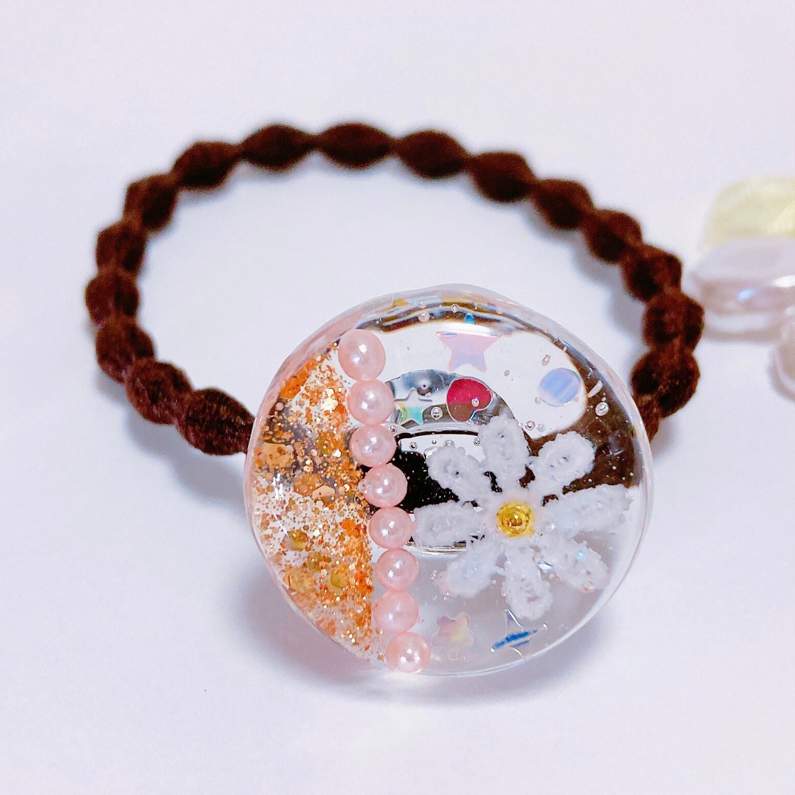 レジンヘアゴム　ヘキサゴン　ホワイト　オレンジ　ナチュラル　ゴールド　春 レジンヘアゴム ヘキサゴン ホワイト オレンジ ナチュラル ゴールド 春