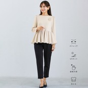 【 無敵のパンツセット 】 ハイストレッチダンボールニット・パールブラウス＆テーパードパンツセット（776511）