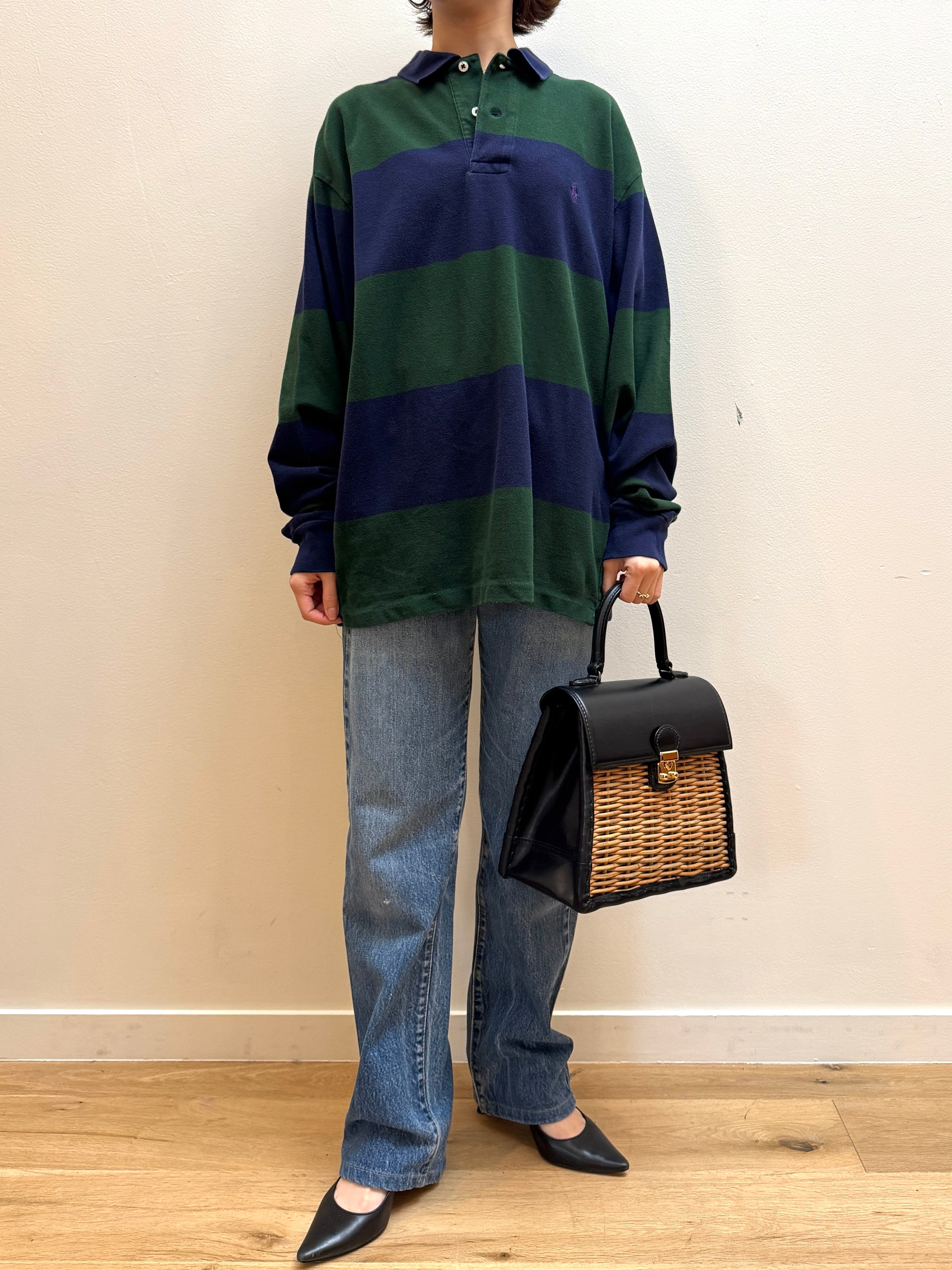 CU11-13 USED Ralph Lauren BORDER LONGSLEEVETEE - GREEN×NAVY-