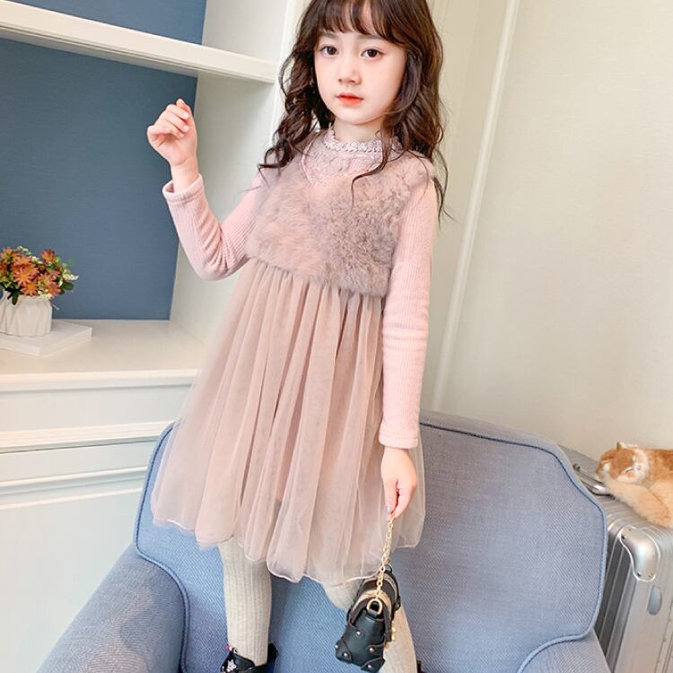 90 130 ワンピース ドレス ピンク 長袖 フリル レース ファー 長袖 キッズ 韓国 子供服 女の子 Q Toworld キュートワールド 子供服 メール便は何点でも送料の合計は280円