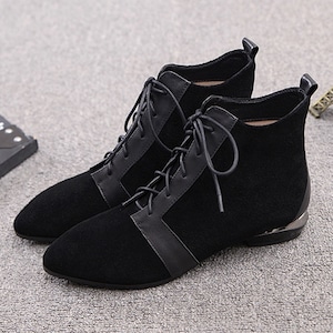 POINTED TOE LACE UP LOW HEEL SHORT BOOTS 2colors M-3896