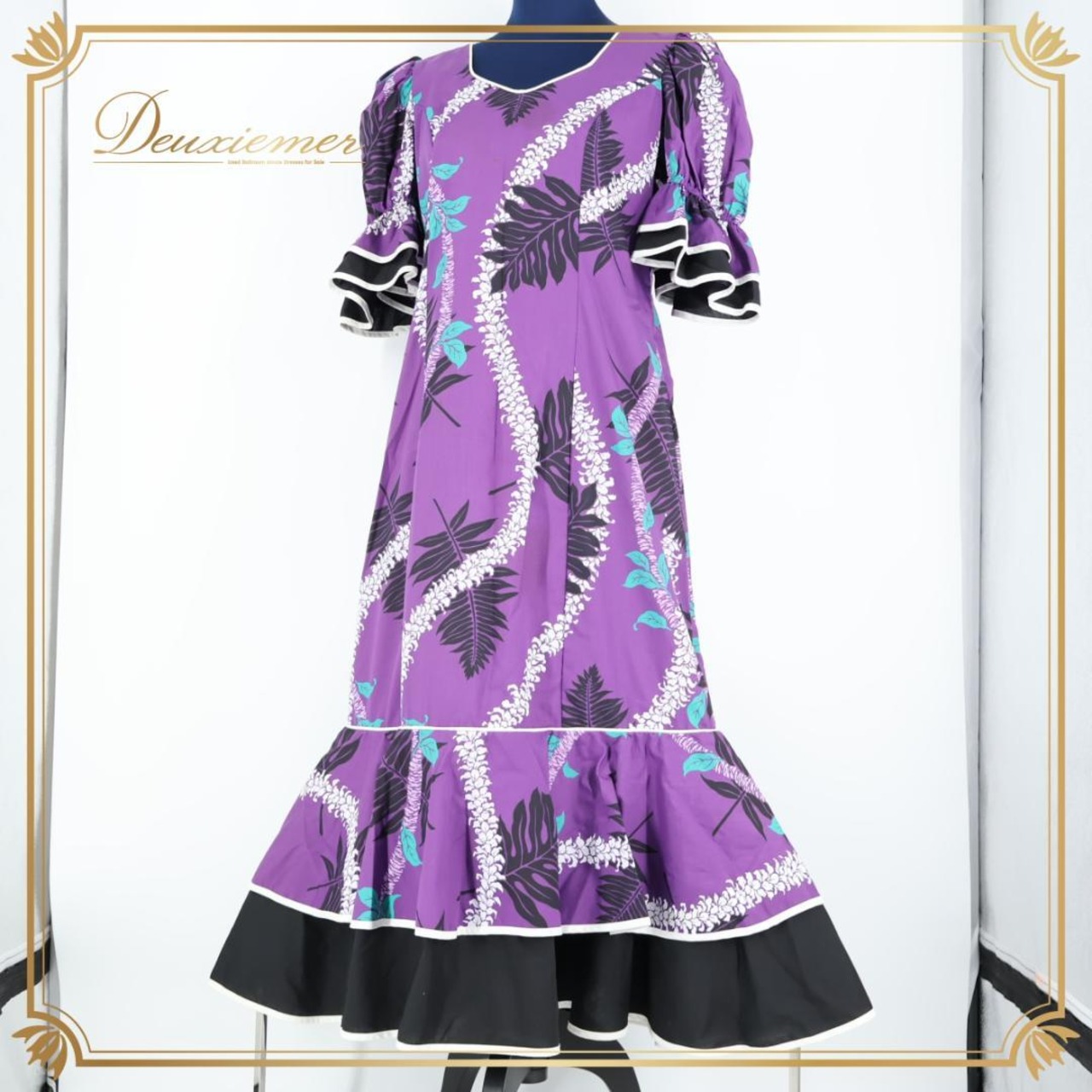 【ハワイ製 フラダンス衣装】パープル T&L MUUMUU FACTORY ワンピース ドレス 紫 黒 マイレ柄 ブラック ハワイアン かわいい