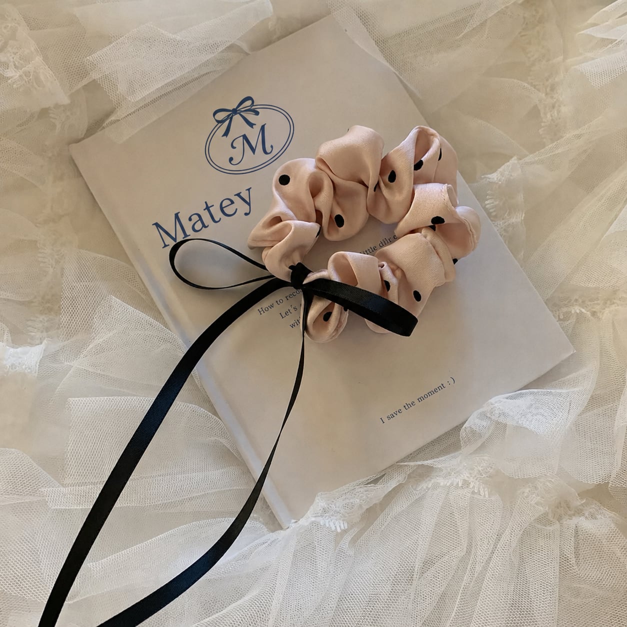 Dot Silk Pink Ribbon Scrunchie