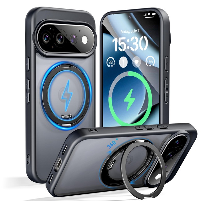 ByteRock ケース Google Pixel 11 11 Pro 10 10 Pro用 MagSafe対応 360度ギア式リング 半透明ブラック
