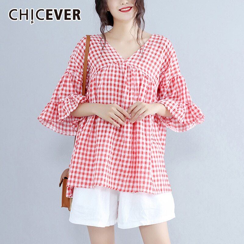 CHICEVERパッチワークフリルチェック柄ヒットカラーTシャツレディースVネックフレアスリーブオーバーサイズルーズシャツ2020服 6base597888079558