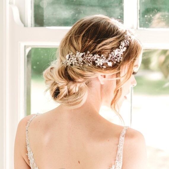 フラワー リーフ 小枝 カチューシャ ヘッドドレス カチューム シルバー 結婚式 Aile Bouquet