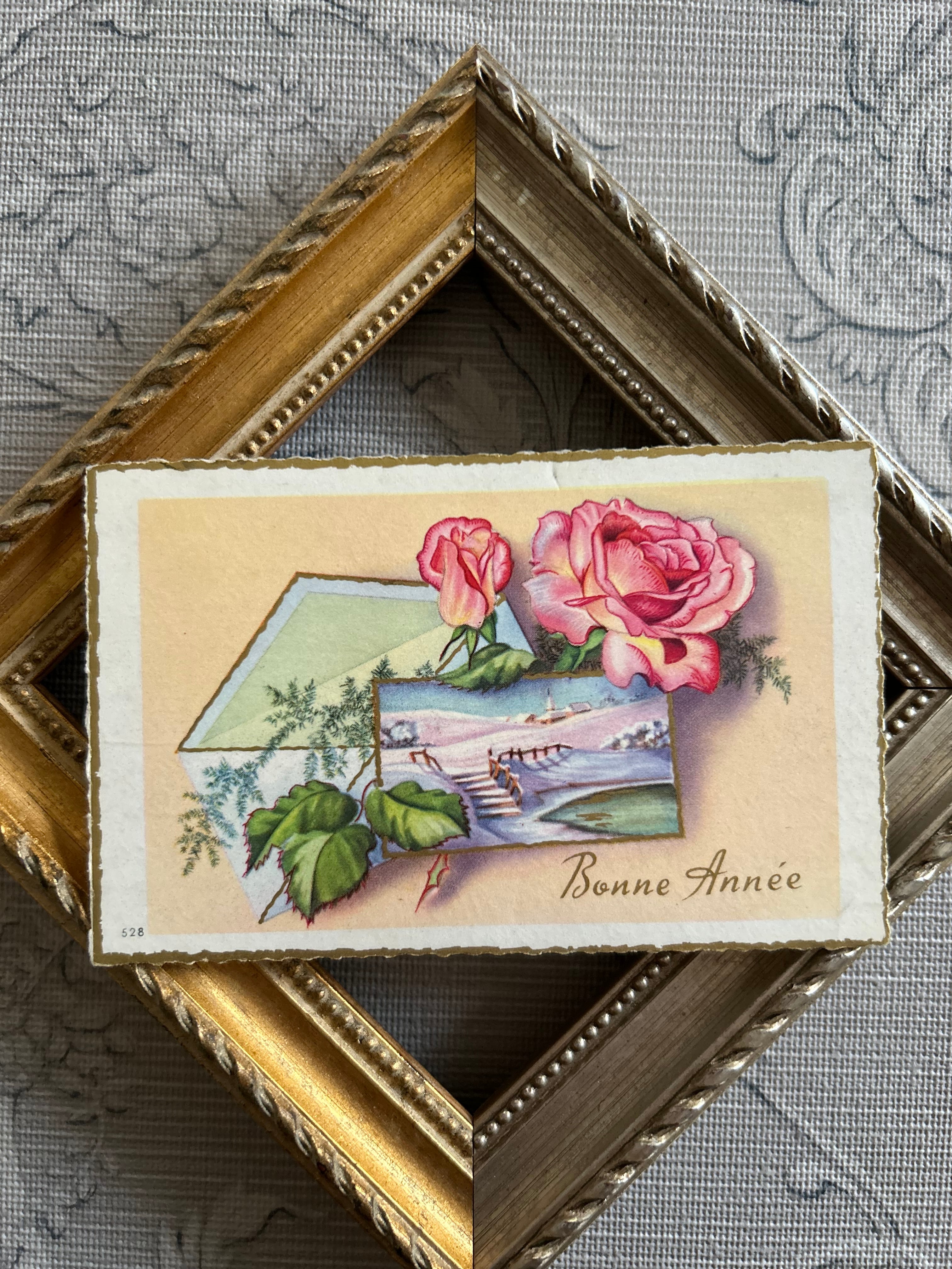 アンティークメッセージカード Bonne Anee Rose 薔薇 フランス 農村の風景 額装 インテリア小物