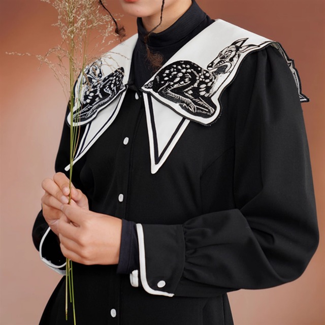 【Camoooni】小鹿刺繍ビックカラーワンピース　10971