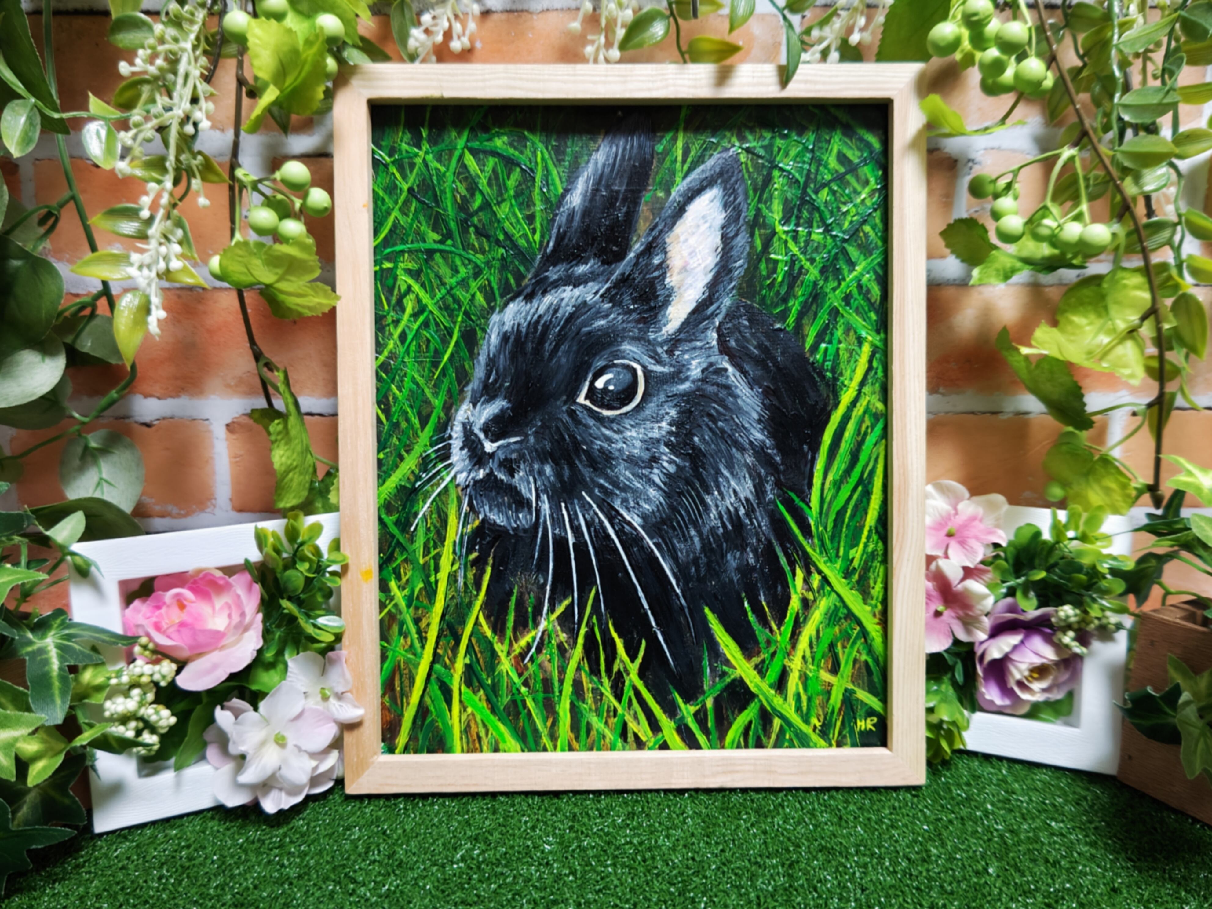 キャンバス油絵 専用 朝焼けを見る ななめうしろむきのうさぎ 印象派風 油絵 絵画【黒うさぎ】 | HIROSHI1990