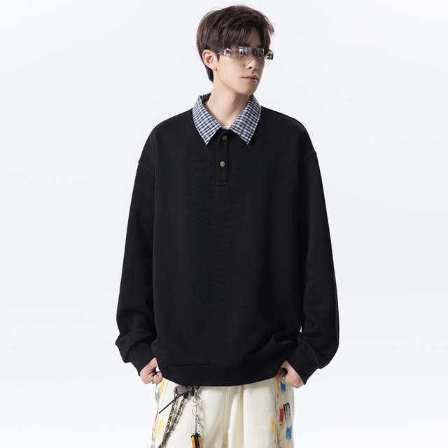 【WSシリーズ】★POLOシャツ★ 2color ユニセックス トップス 長袖 配色 チェック柄 シンプル 黒 白灰