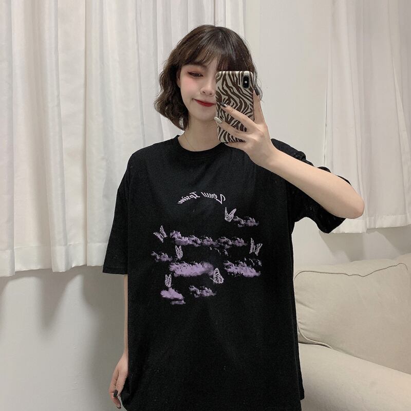 Butterflyデザイン プリント柄トップス サマールーズラウンドネックプルオーバー Tシャツ レディース 夏物 Oネック スーパーモール42968913370