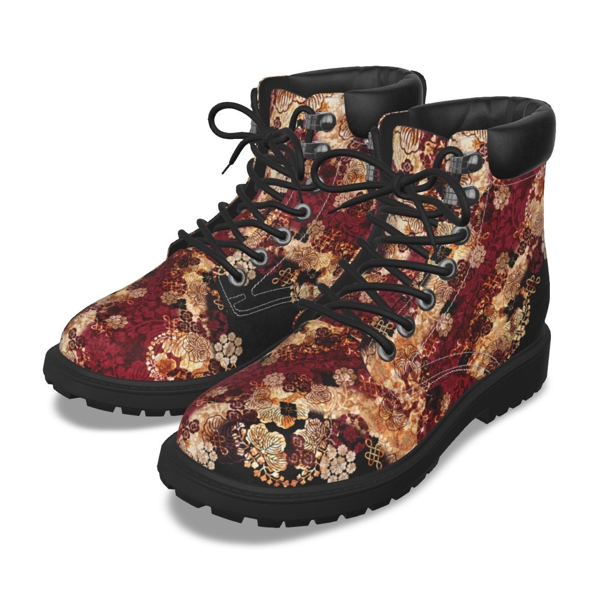 和紋様装飾　黒紅　和柄ユニセックスヴィーガンレザーブーツ