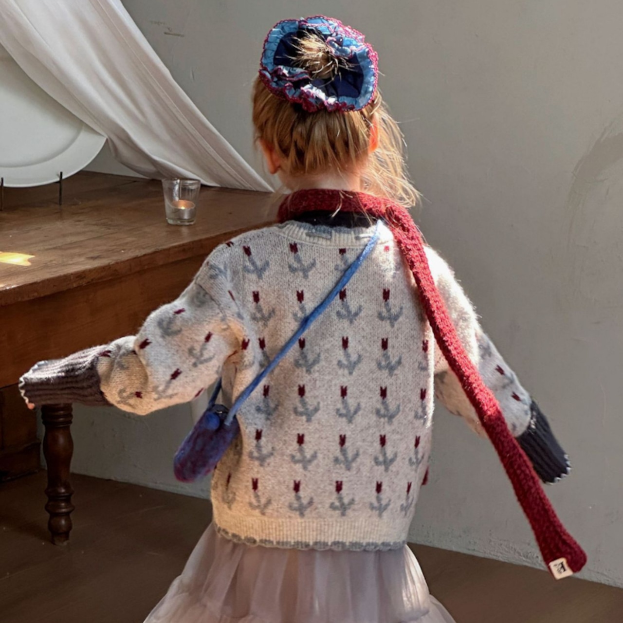 冬チューリップ柄カーディガン厚手