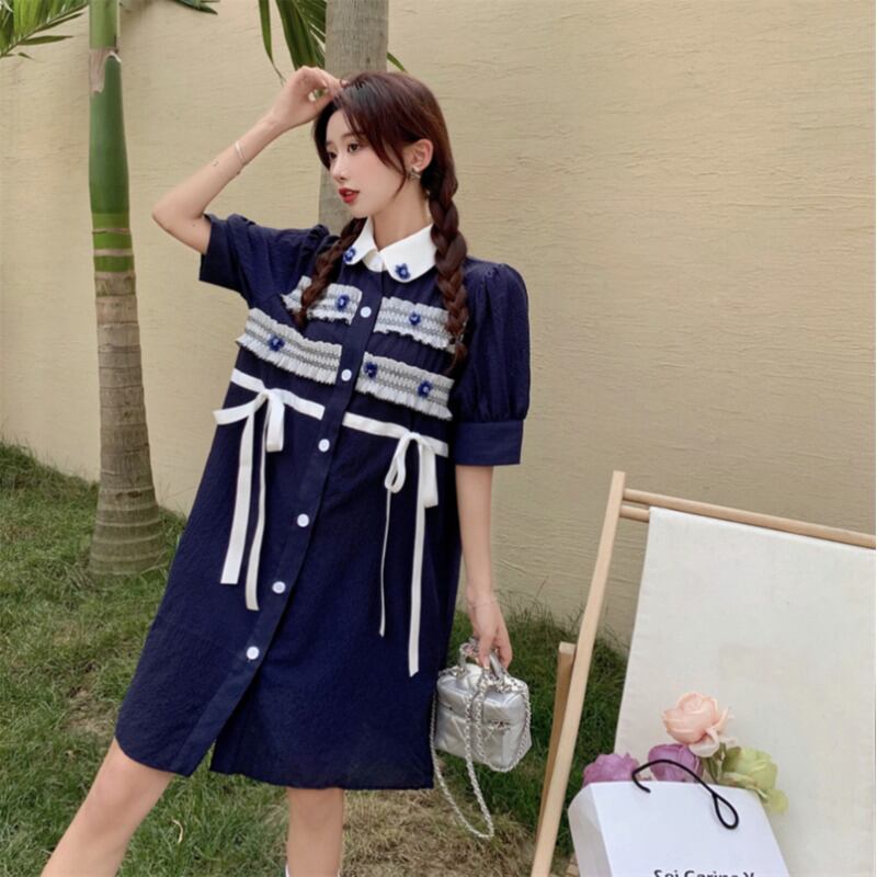 シャツ ドレス サマーショートスカート スリーブ リボン 夏物 ブラックストロベリース78887556645