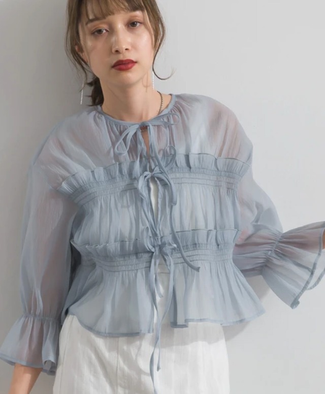 ナンバーミーTOKYO" SHEER FRONT RIBON SHIRTS"BLUE