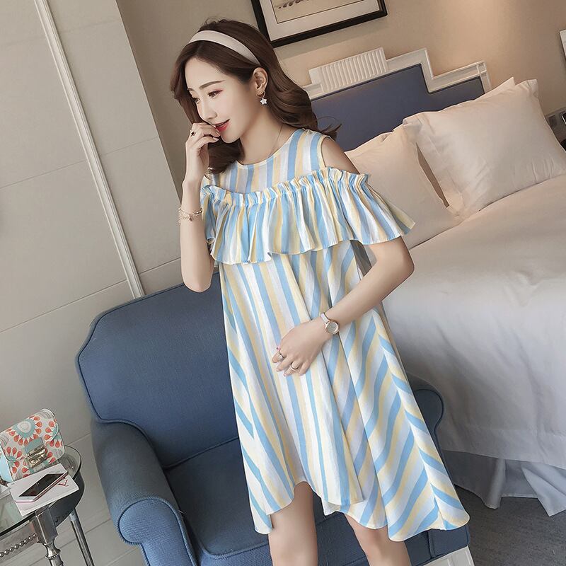 【新作】【送料無料】 マタニティウェア2019夏バージョン新しいファッションルーズストライプラウンドネックミドルレングスオフショルダープラスサイズマタニティドレス-アリババ 大きめサイズ サマー 夏物 Oネック expec210040352435