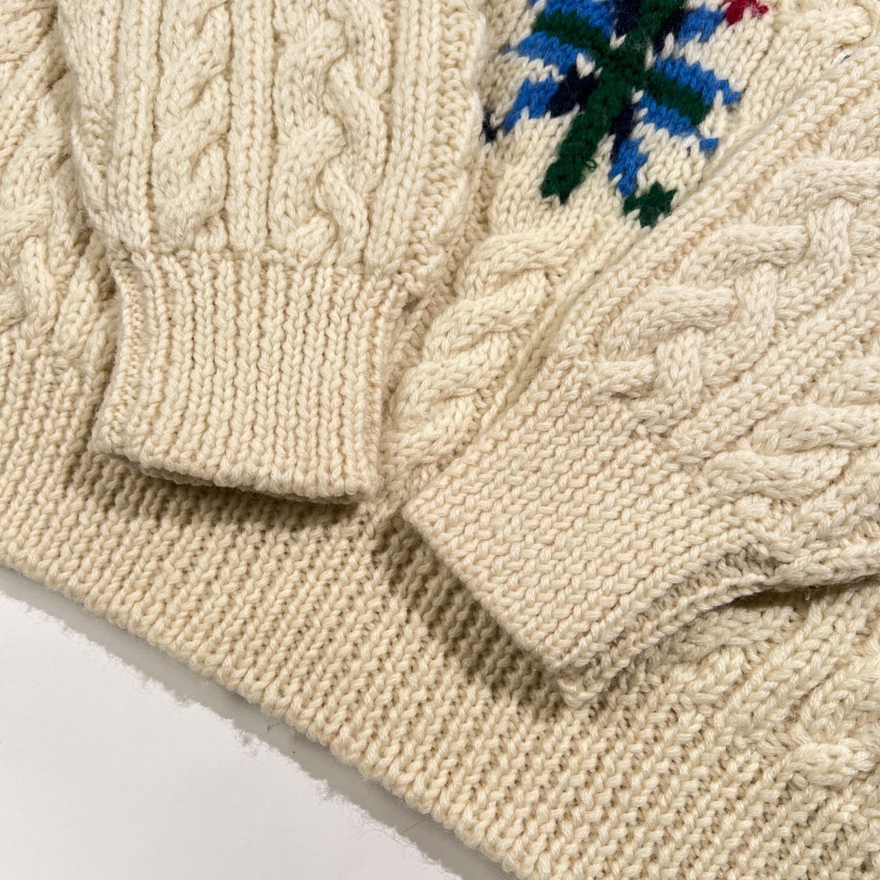 Papas パパス ノルディック ローゲージ ウールニットセーター /アイボリー系/ケーブル編み/フィッシャーマン風