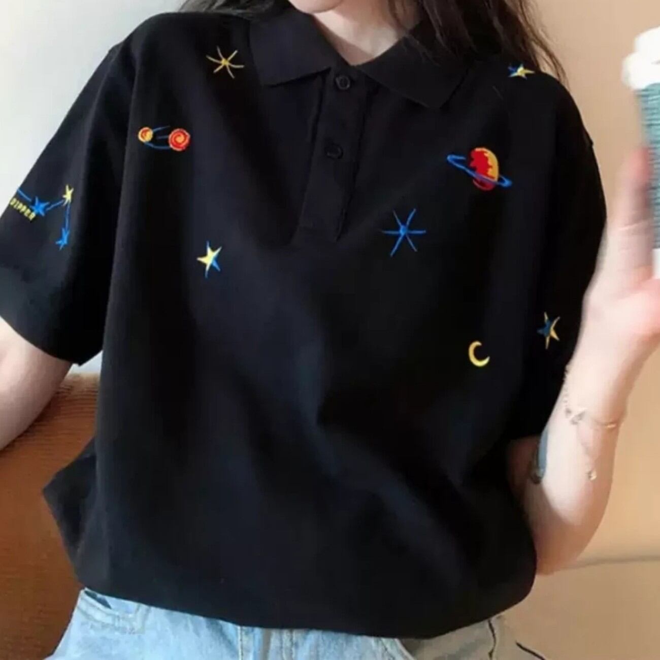 SAINT LAURENT 黒 ポロシャツ 星と月刺繍 サンローラン Saint Laurent SL STAR POLO 半袖 ポロシャツ 星 月