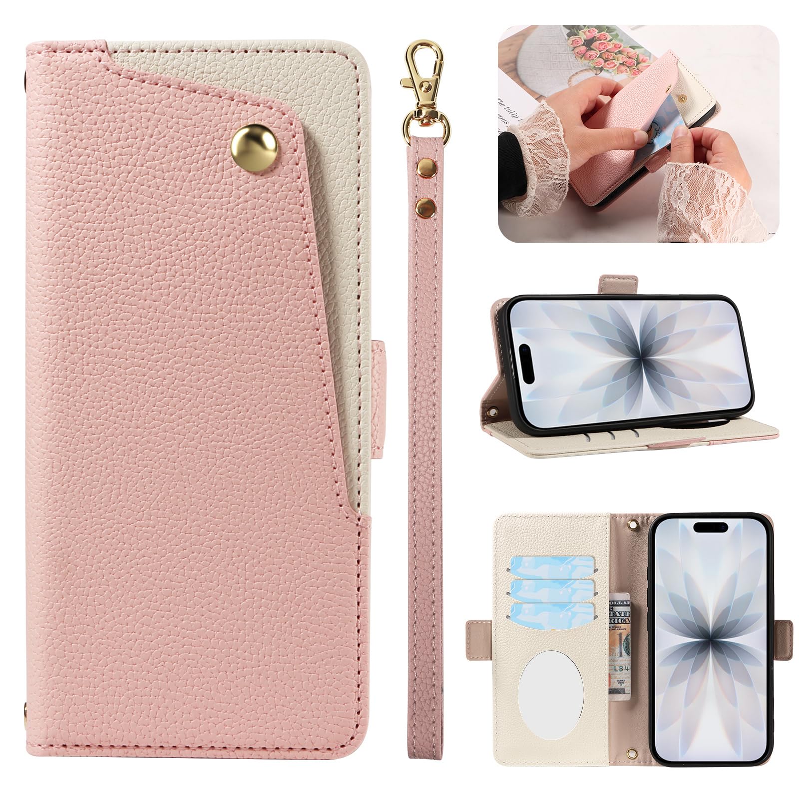 For iPhone 16 Pro ケース 手帳型 MaKaWa アイフォン16 Pro 財布型 鏡 かがみ ミラー付き カードポケット付き あいほん 16 Pro 携帯 カバー いphone 16 Pro 手帳 高級レザー 耐衝撃 全面保護 スタンド機能 ストラップホール付き 女性用 可愛い