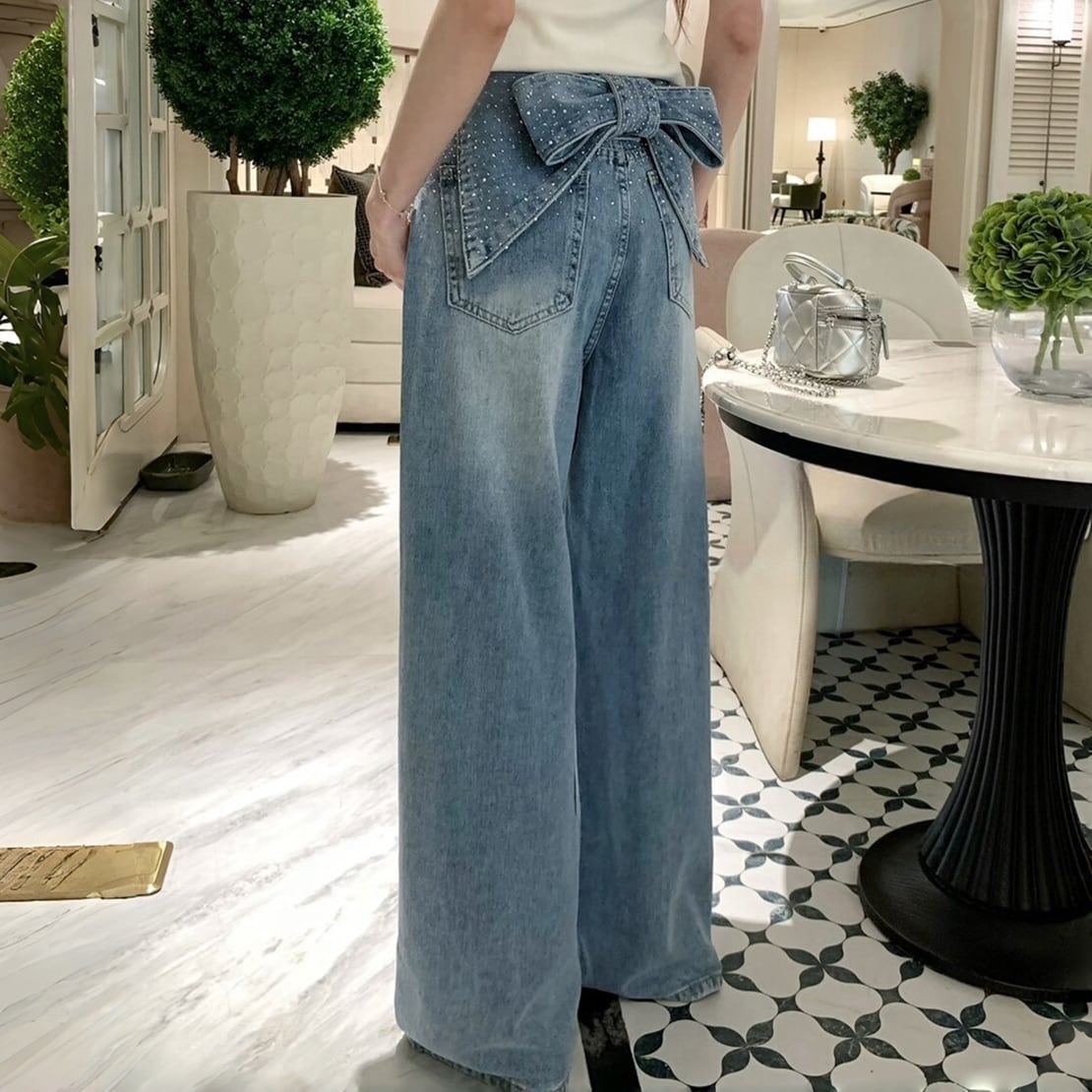 【bottoms】スパンコール付きバックリボンデニムパンツ N3544