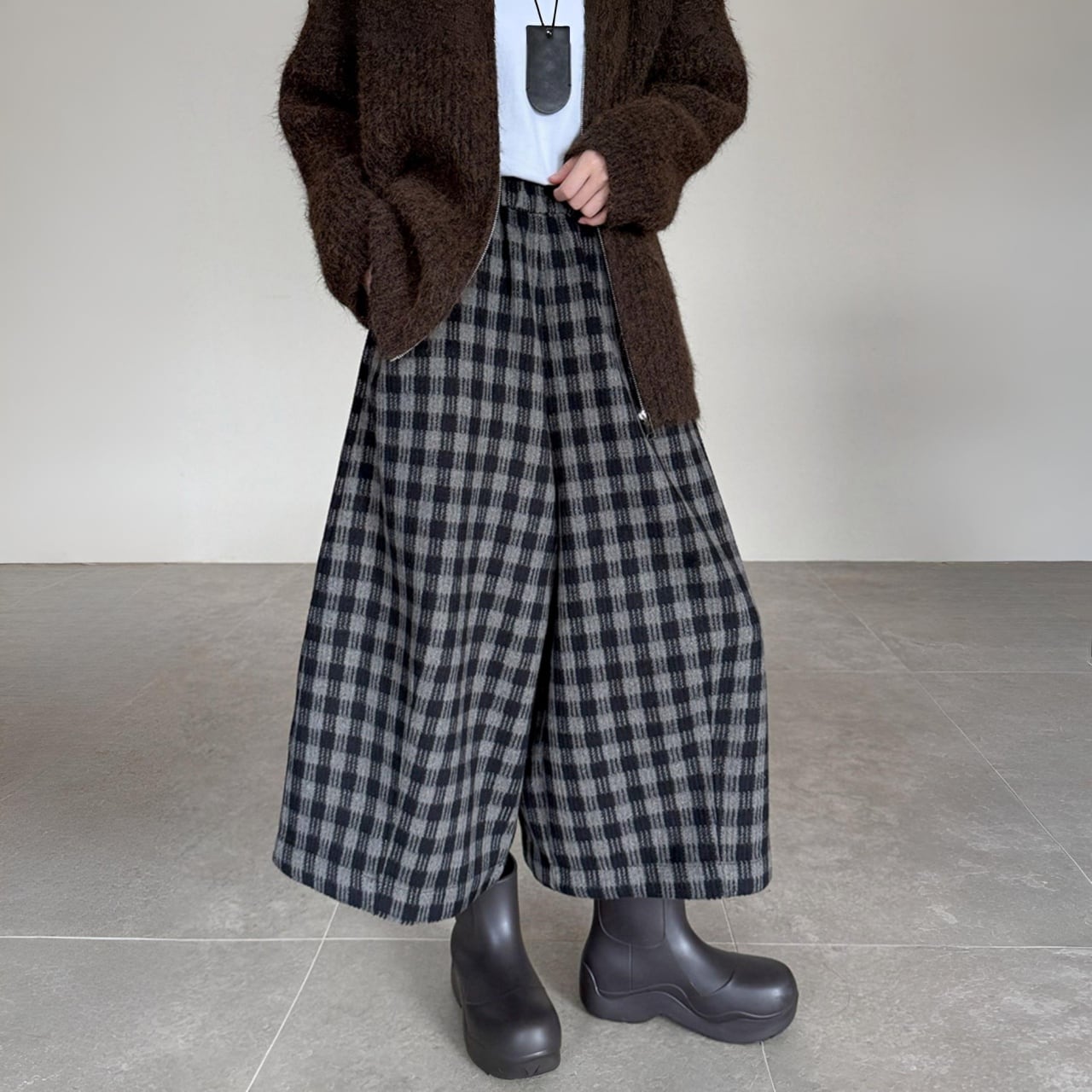 ウールライクチェックアンクルワイドパンツ A01855