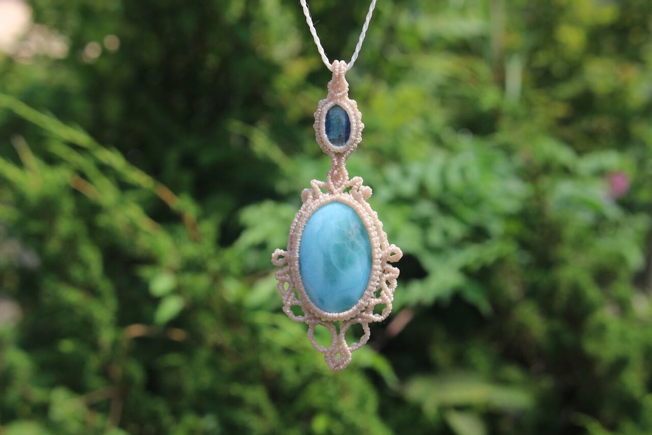 Larimar & Kyanite micro macrame pendant
