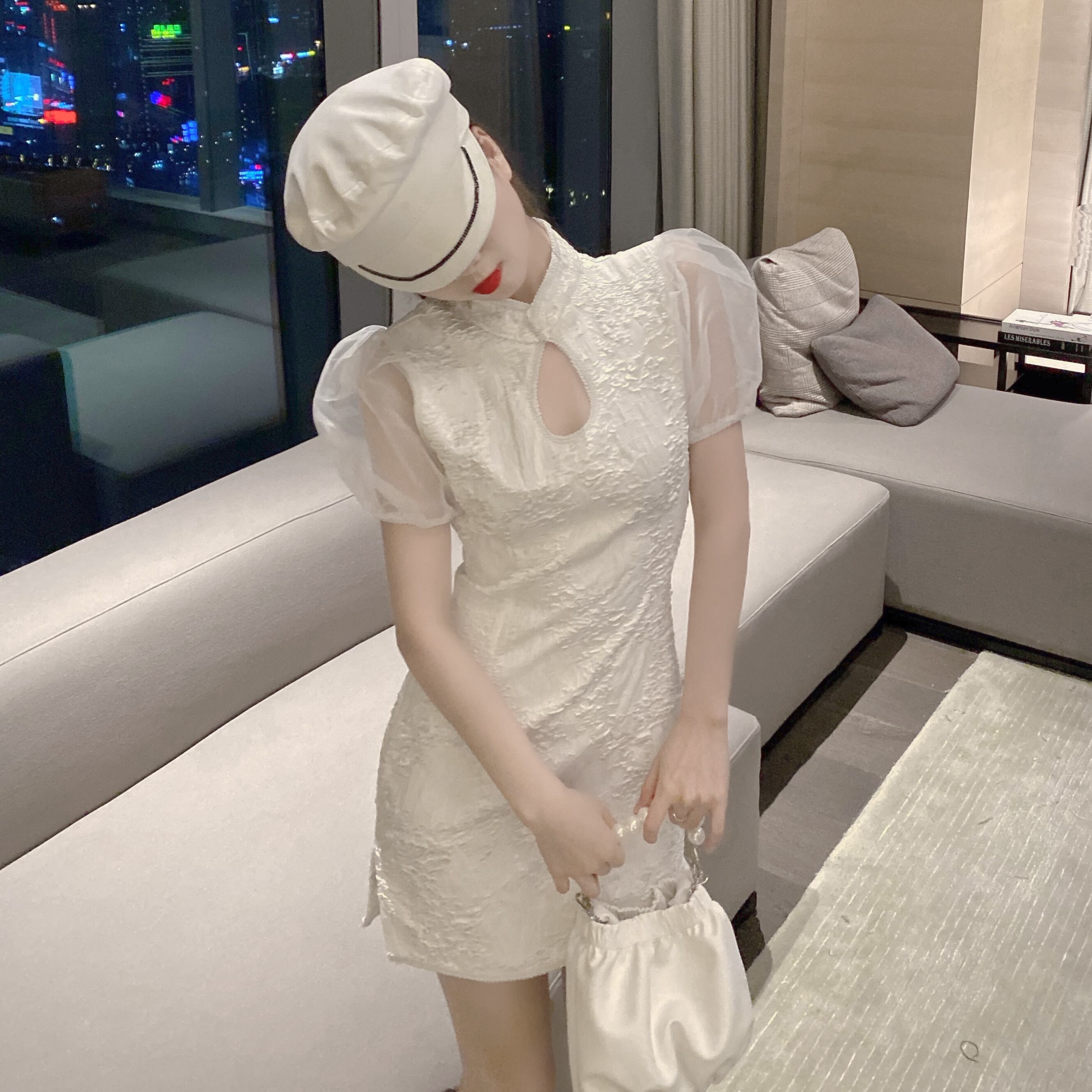 スプリングサマージャカードウェスト薄手ホワイトドレス 春物 夏物 ドラファッションホール47164113397