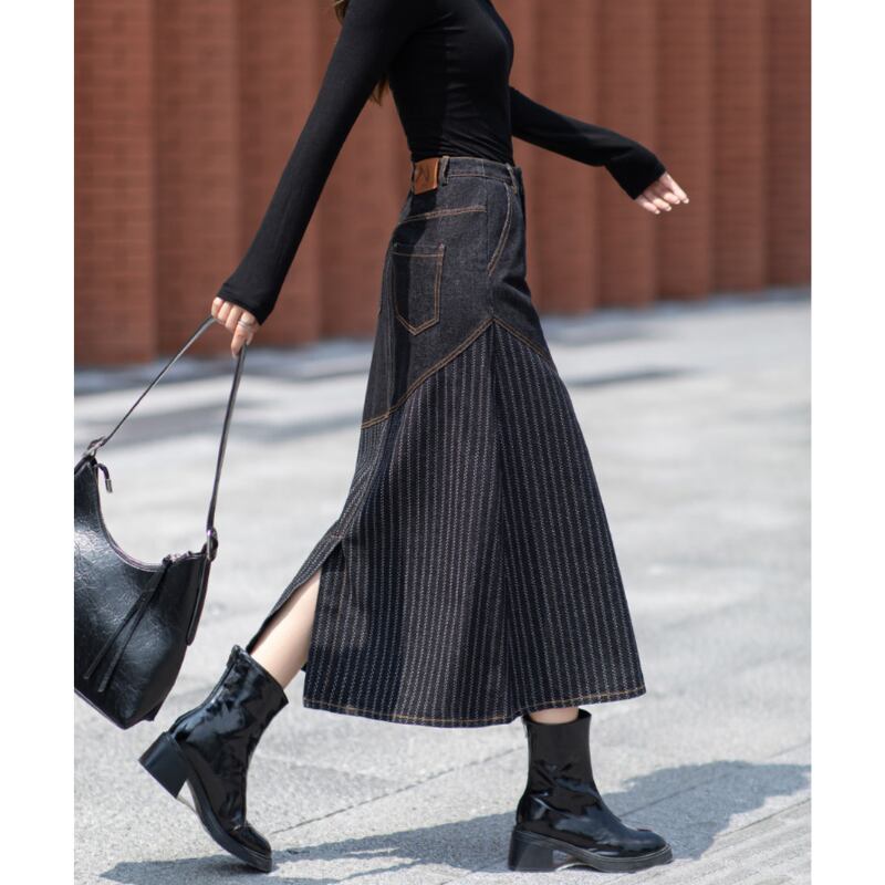 ストライプ切り替えデニムロングスカート 20006