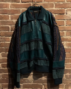 【Caka act3】“SAXONY” “極上” Leather Switching Design Vintage Loose Half Zip 3D Knit
