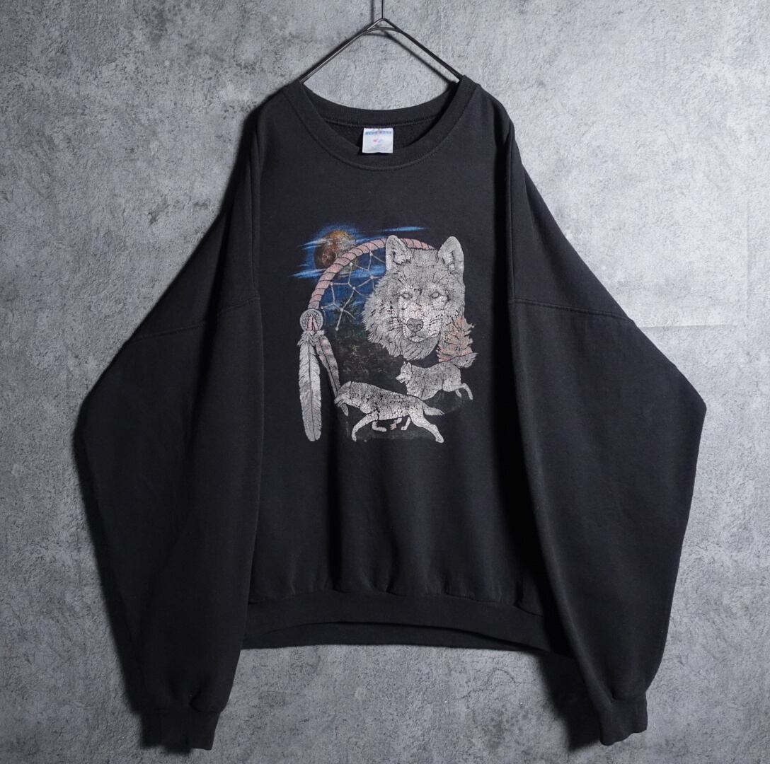 90s"JERZEES" Black Wolf Animal Print Sweat