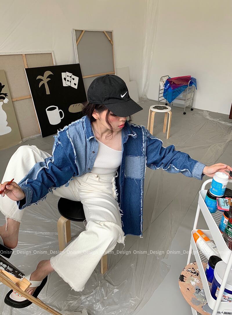 シャツ ルーズスプリングジャケット レディース ロング 春物 ステッチ ビッグFスモールZ韓国112905405