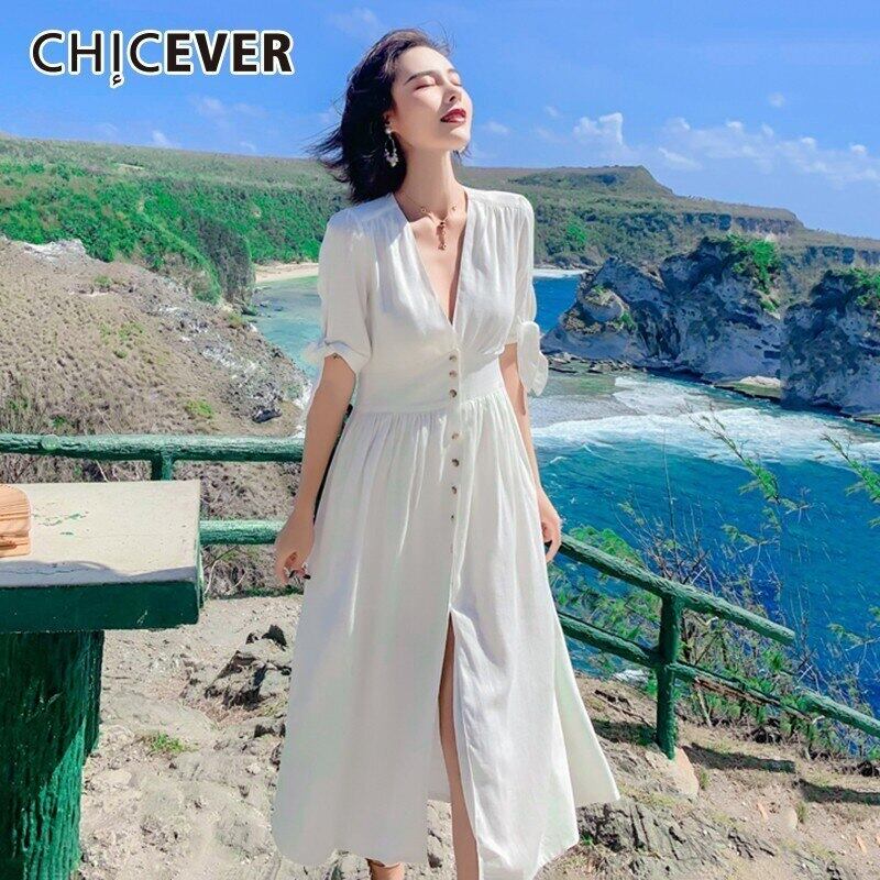 CHICEVERサマーヴィンテージ白人女性ドレスVネックボウ半袖ウエストボタンルーズスリムミッドカーフドレス2020 ショート ホワイト リボン ハーフスリーブ 夏物 ビンテージ 6base555621039656