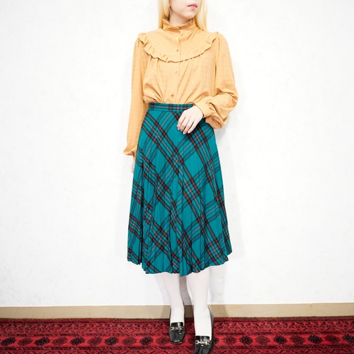 RETRO VINTAGE LOUIS JOONE CHECK PATTERNED PLEATES DESIGN WOOL SKIRT/レトロ古着チェック柄プリーツデザインウールスカート