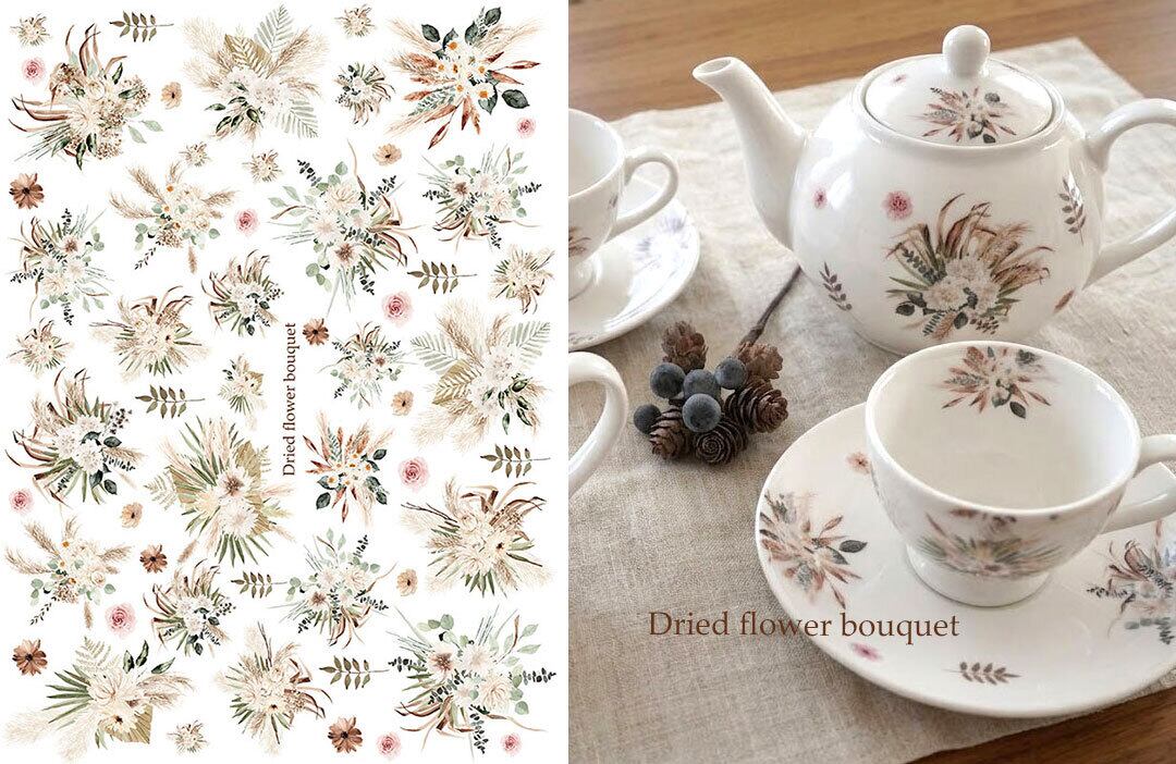 白磁用水彩Dried flower bouquetドライフラワーブーケ転写紙 A4サイズ (ポーセリンアート用転写紙)