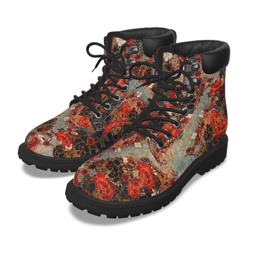 和牡丹紋様装飾　虹　和柄ユニセックスヴィーガンレザーブーツ
