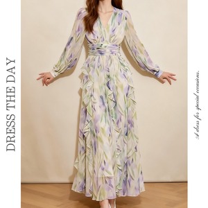 Vネックフラワーフリルドレス D0056