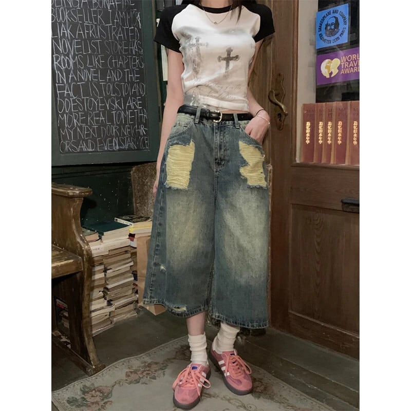 夏ヴィンテージブルーリッピングショートジーンズ女性特大ユーズド加工