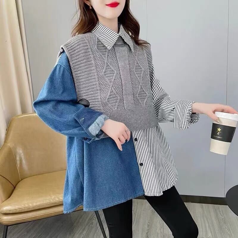 【tops】ニット切り替えデニムシャツトップス M26845