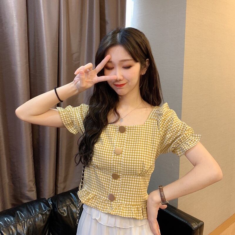 フレンチシャツ女性デザインセンスニッチシャツ夏新作insスクエアカラーチェック柄半袖ウエストスリムトップ 1号婦人8047358782