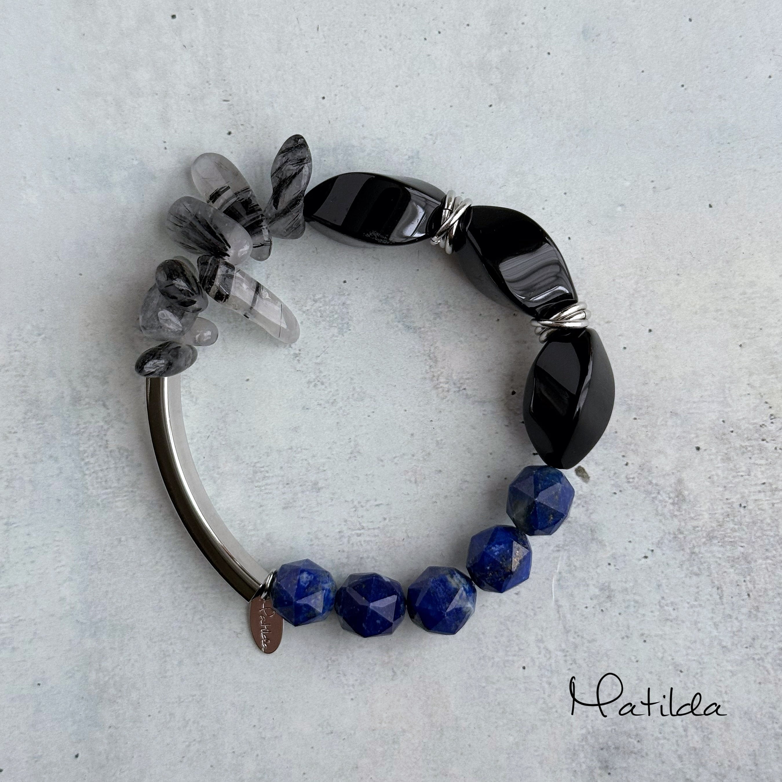 Tube & stone bracelet(オニキス×ラピスラズリ×ブラックルチルクォーツ)