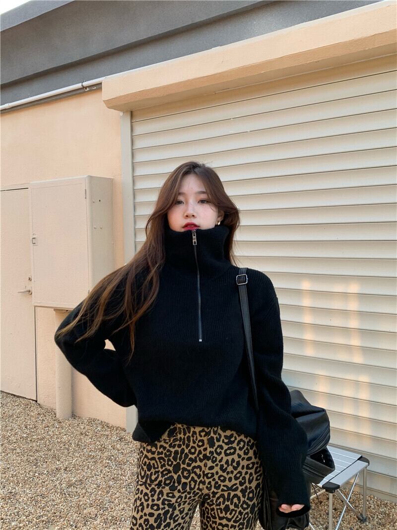 セーター ジッパーブラックニットオータムウィンタールーズトップス 秋物 冬物 ブラックストロベリース61624749918