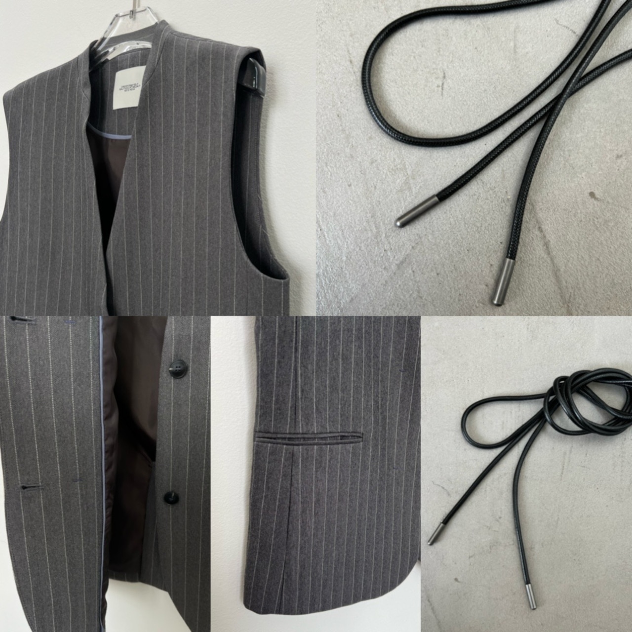 【受注予約:10月上旬入荷予定】コードベルト付ノーカラーgilet/ストライプ×グレー