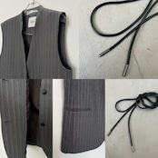 【受注予約:10月上旬入荷予定】コードベルト付ノーカラーgilet/ストライプ×グレー
