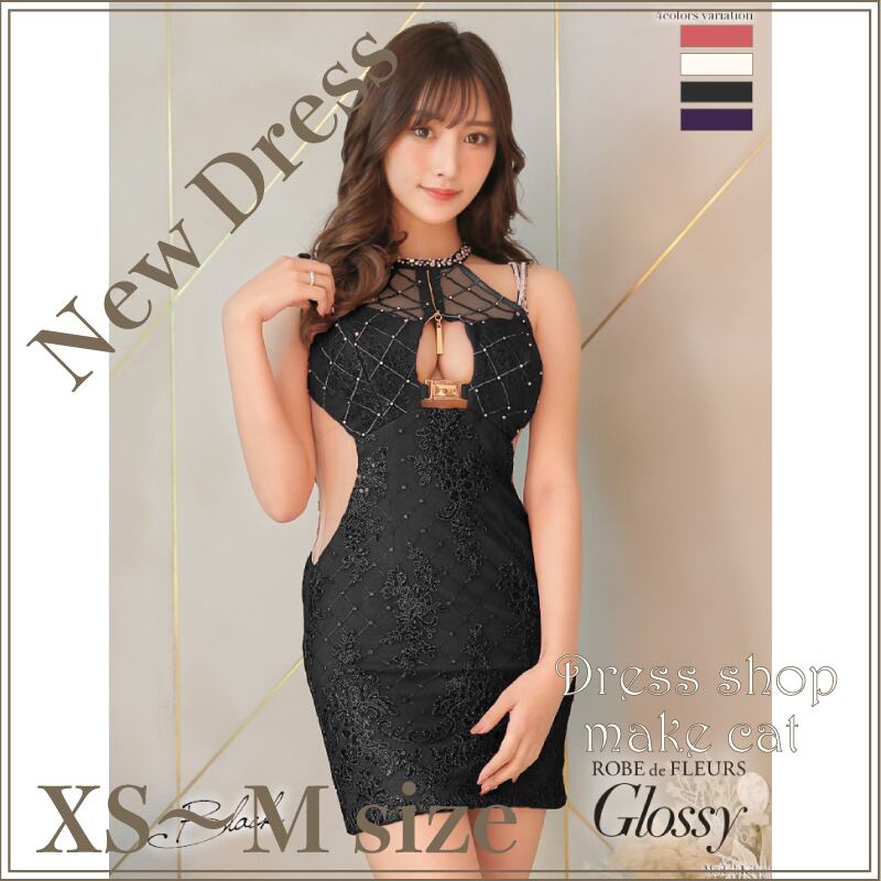 【ROBE de FLEURS Glossy】【即納】刺繍レース×フロントジッパータイトミニドレス(GL2490)