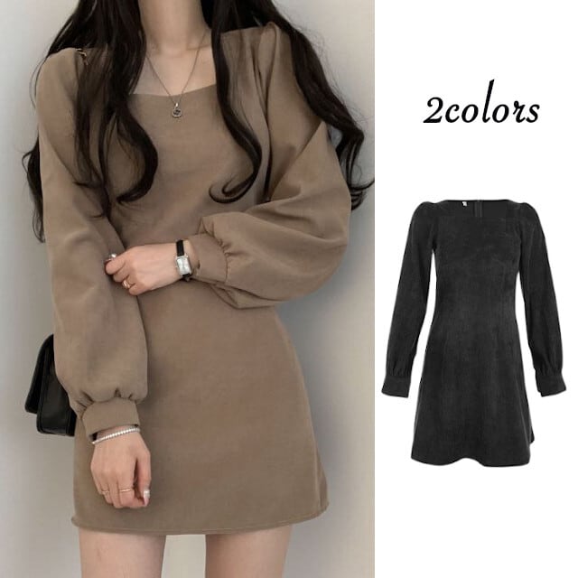 全2色 ブラック/ベージュ レディース ワンピース 袖ボリューム ミニワンピ ミニワンピース ミニ丈 長袖 パフスリーブ スクエアネック S/M/L/XL