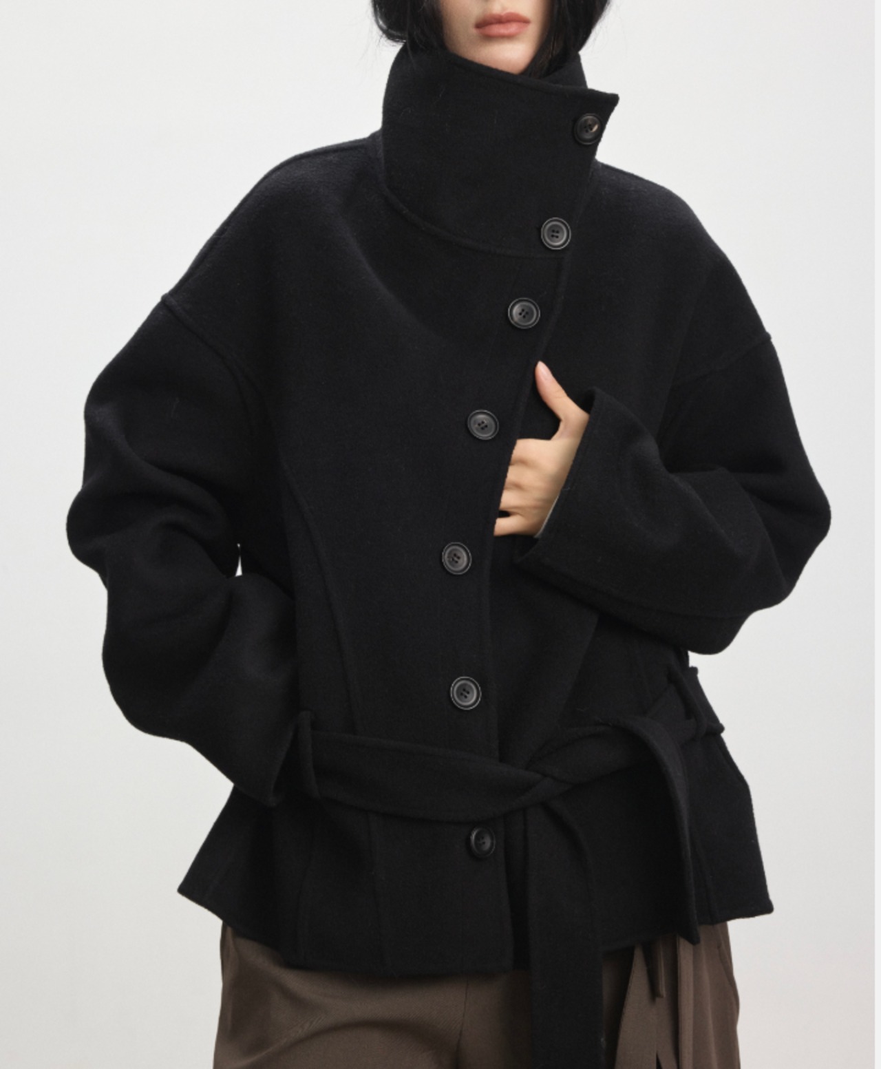 カシミヤ混ウール ハイネックショートコート