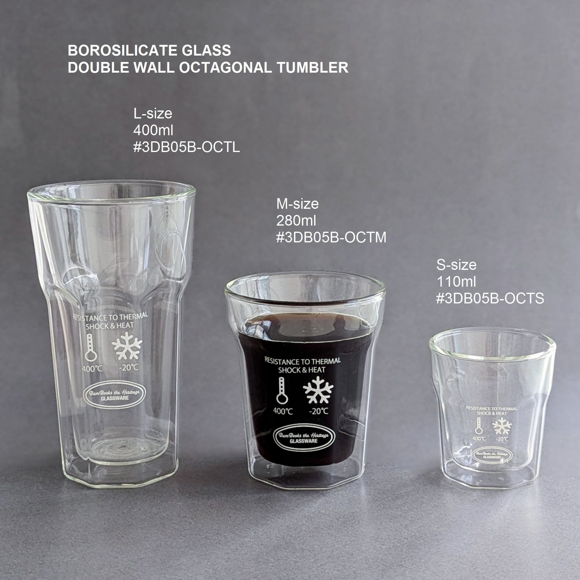 DOUBLE WALL OCTAGONAL TUMBLER 400ml 耐熱ガラス・タンブラーLサイズ