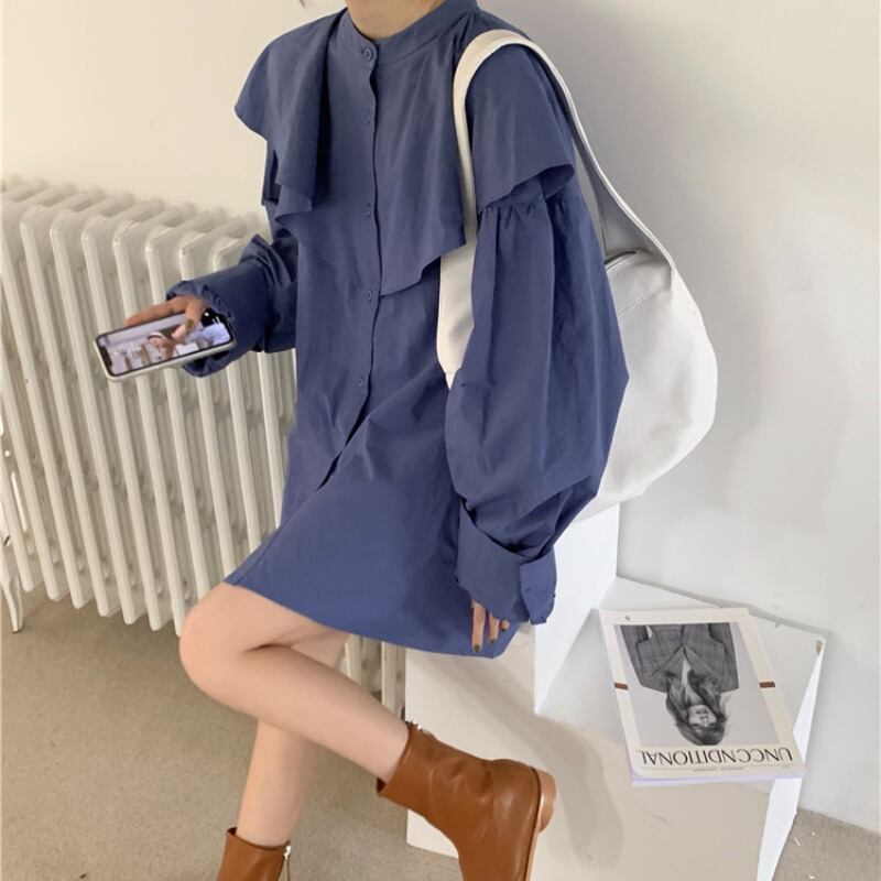 ゆったりとしたミドル丈長袖シャツトップレディース2020年秋新バージョンのブルーニッチシャツ ブラックストロベリース76558864179