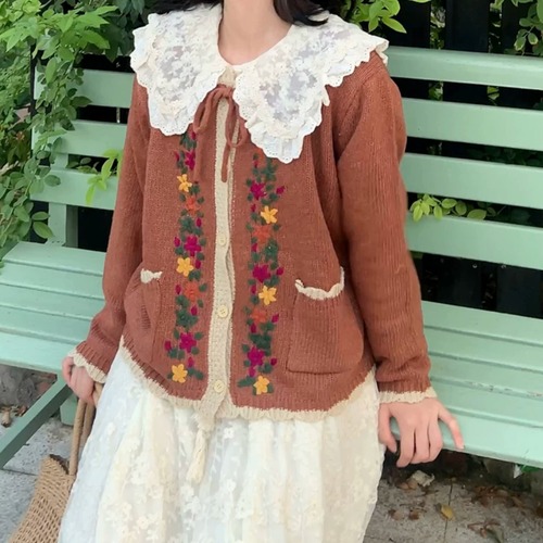2色/フラワー刺繍ニットカーディガン ・12055